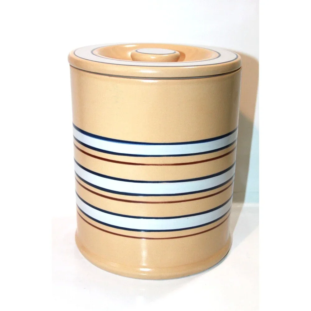 Home Yellow Ware Banded Canister Lid Blue White Stripe Storage Farmhouse 9”